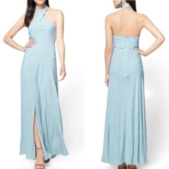 NWT New York & Company Sea Green & White Striped Halter Long Maxi Dress - Picture 2 of 14